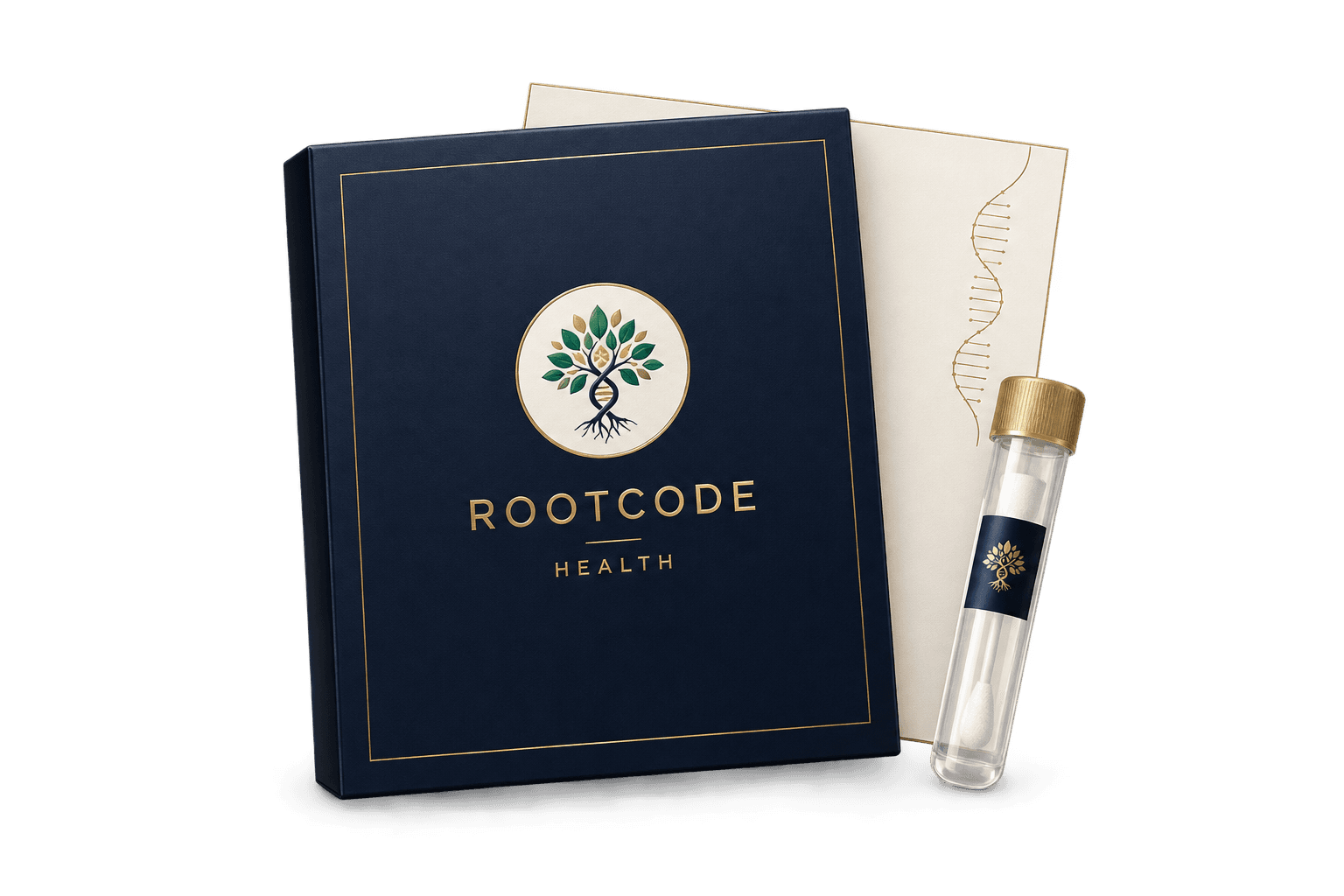 Rootcode Health DNA collection booklet, insert card, and cheek-swab sample tube