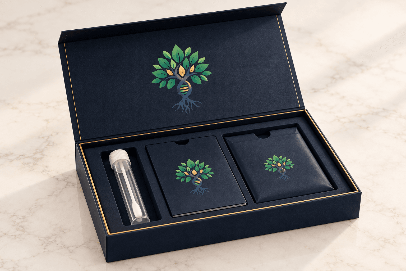 Opened navy Rootcode Health DNA collection kit with cheek-swab tube, instruction guide, and return materials